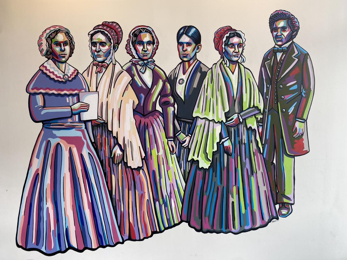 colorful painting of historical figures from the women's rights movement