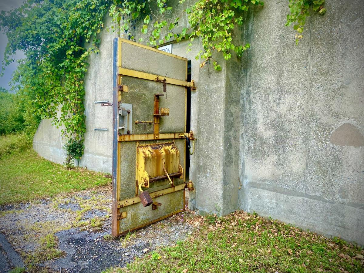 open door to military structure covered in greenery abandoned