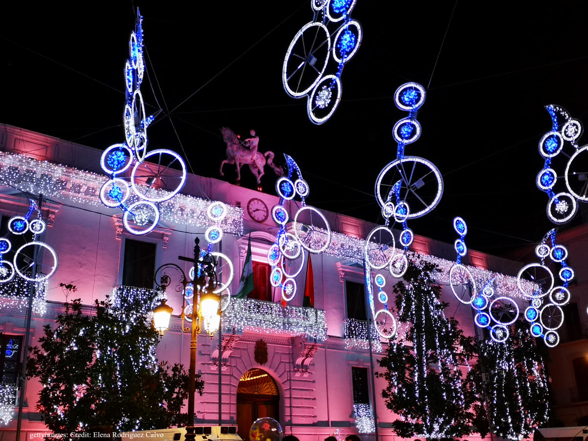 The town hall in Granada, Spain, lit by Christmas lights