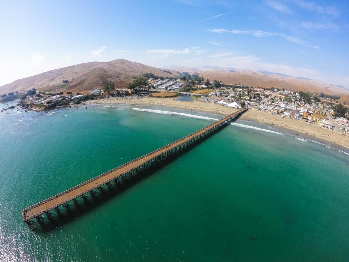 Aerial view of Cayucos beach and pier