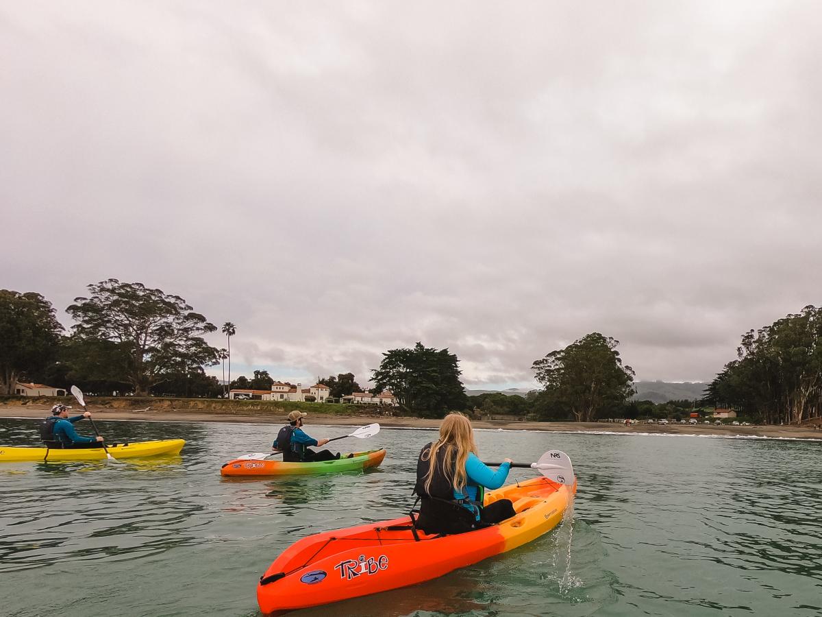 friends kayaking in ocean