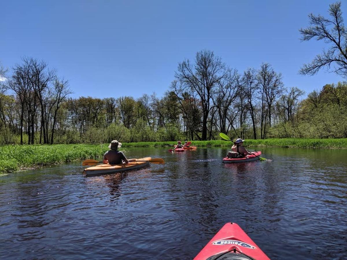 Paddlers enjoy a calm, wide-open paddle on the Plover River.