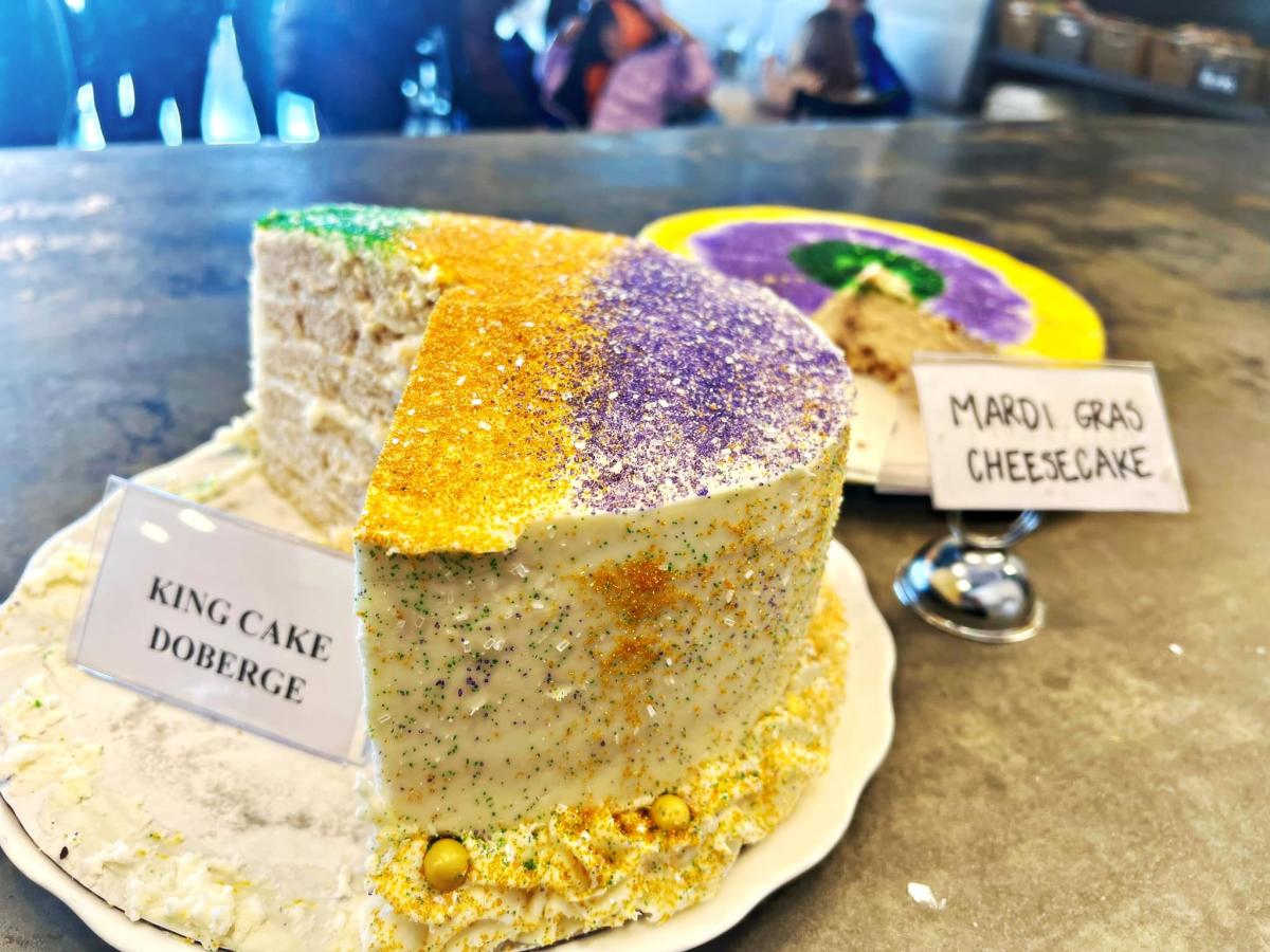 Coffee Rani in Mandeville has King Cake Doberge and Mardi Gras Cheesecake.