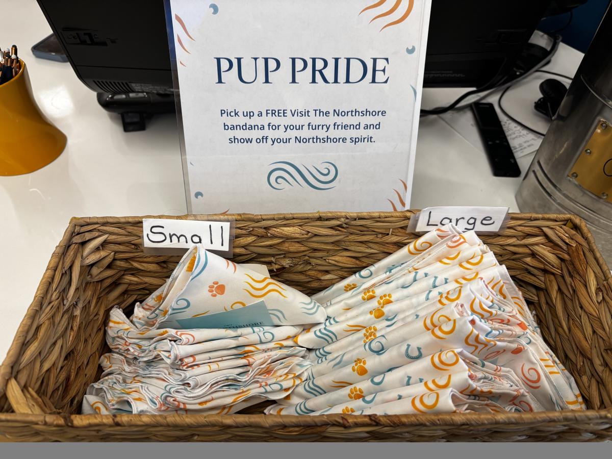 Basket of free Visit The Northshore pet bandanas for dogs and cats at the visitor center front desk in Mandeville, Louisiana.