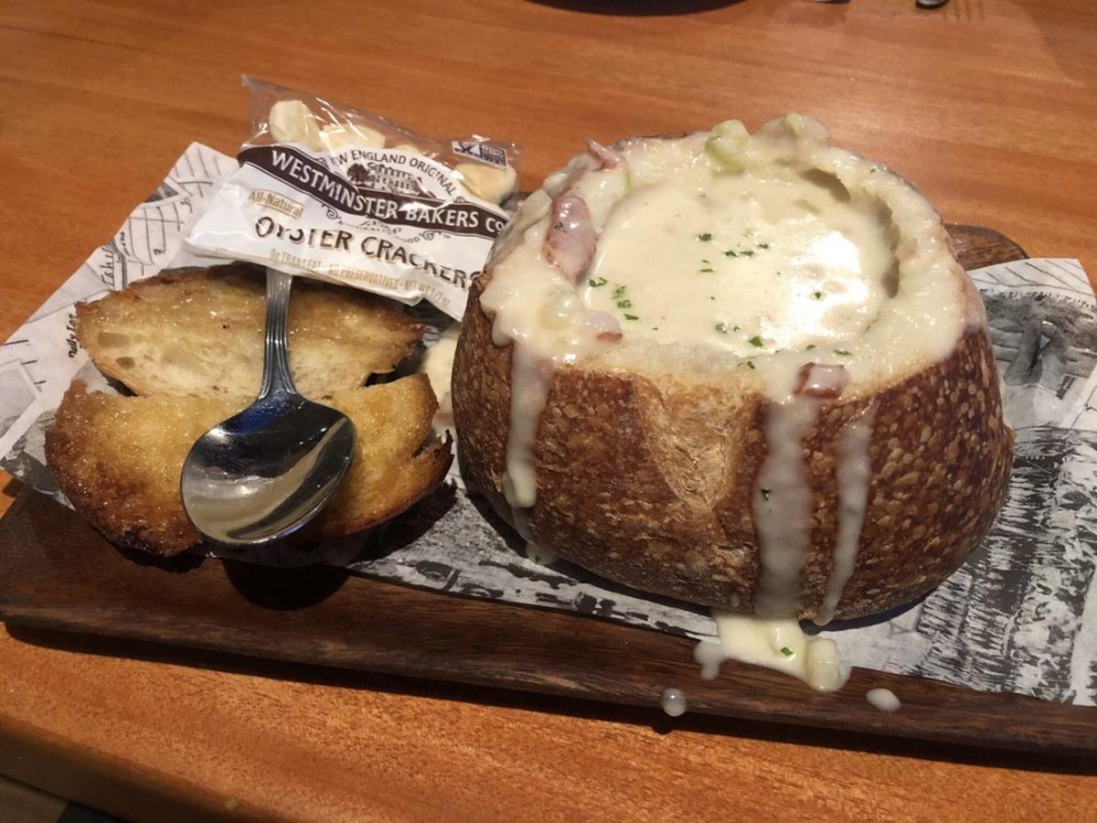 Fish Camp in Sunset Beach. Bread Bowl with soup in it.