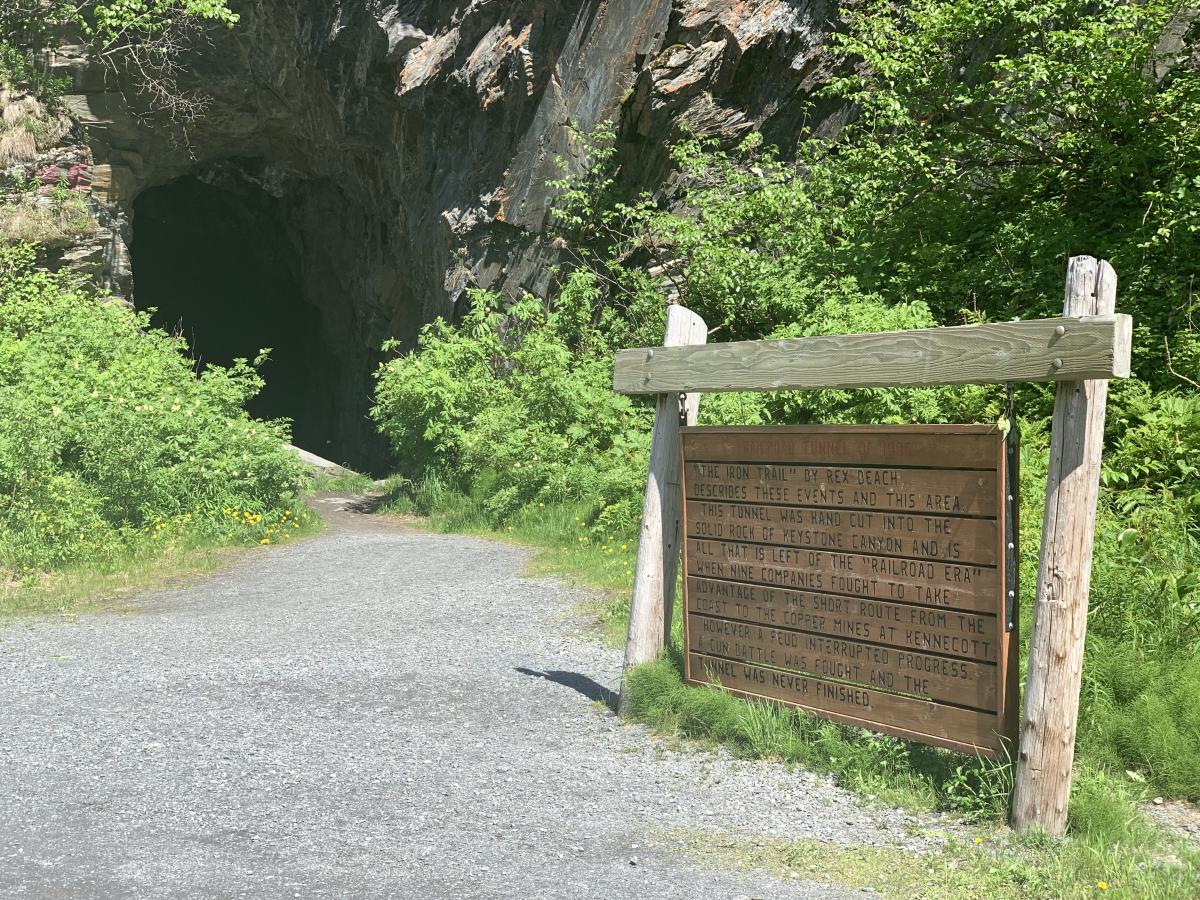 a historical marker next to a tunnel in a canyon