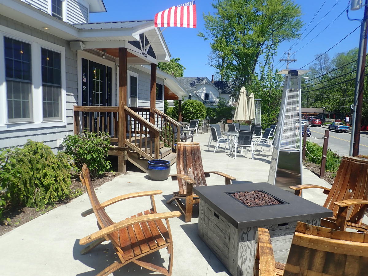 Bolton Landing Brewing Company front porch and fire pit