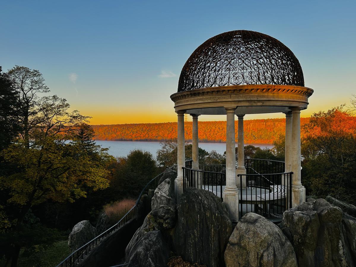 The Temple of Love at Untermyer at sunset. The mountains across the Hudson River are a fiery red.
