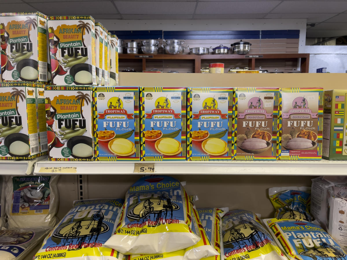 Fufu flour is displayed for sale at D Best Beauty Supply & African Food Market in Wichita