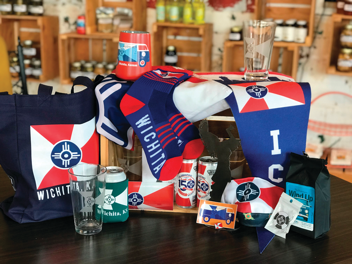 Merchandise features the Wichita flag on display at Workroom