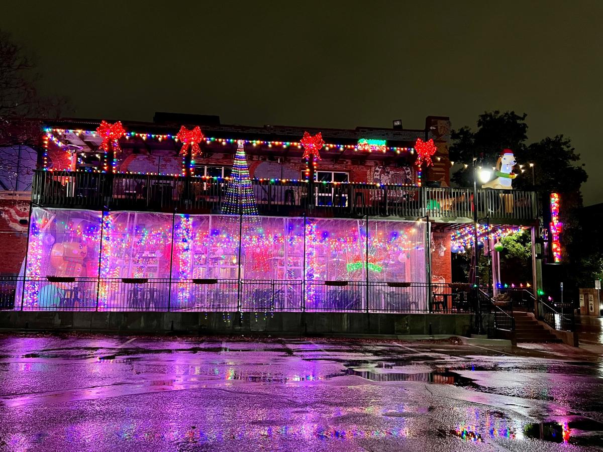 River City Brewing Company is illuminated by Christmas lights for its annual pop-up bar
