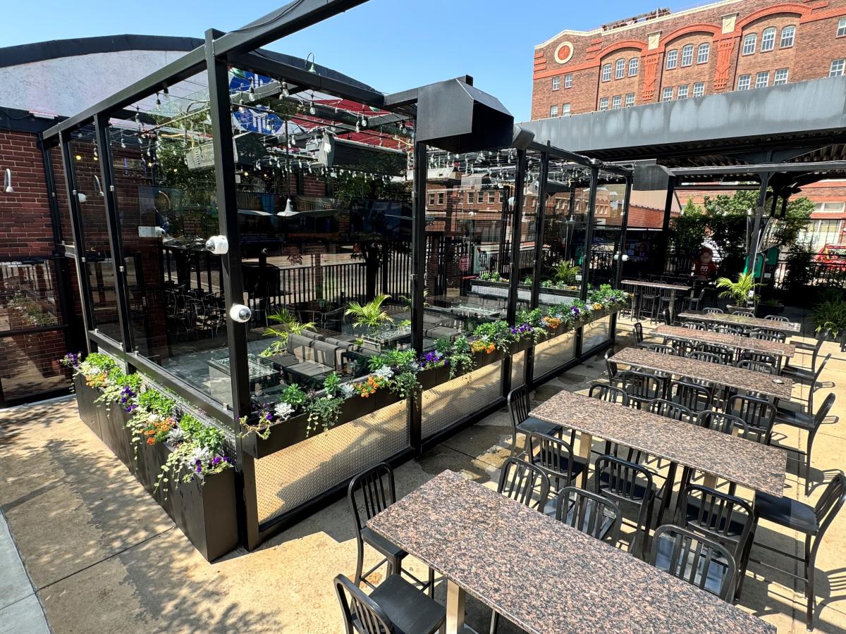 The outdoor patio at Pumphouse features open seating