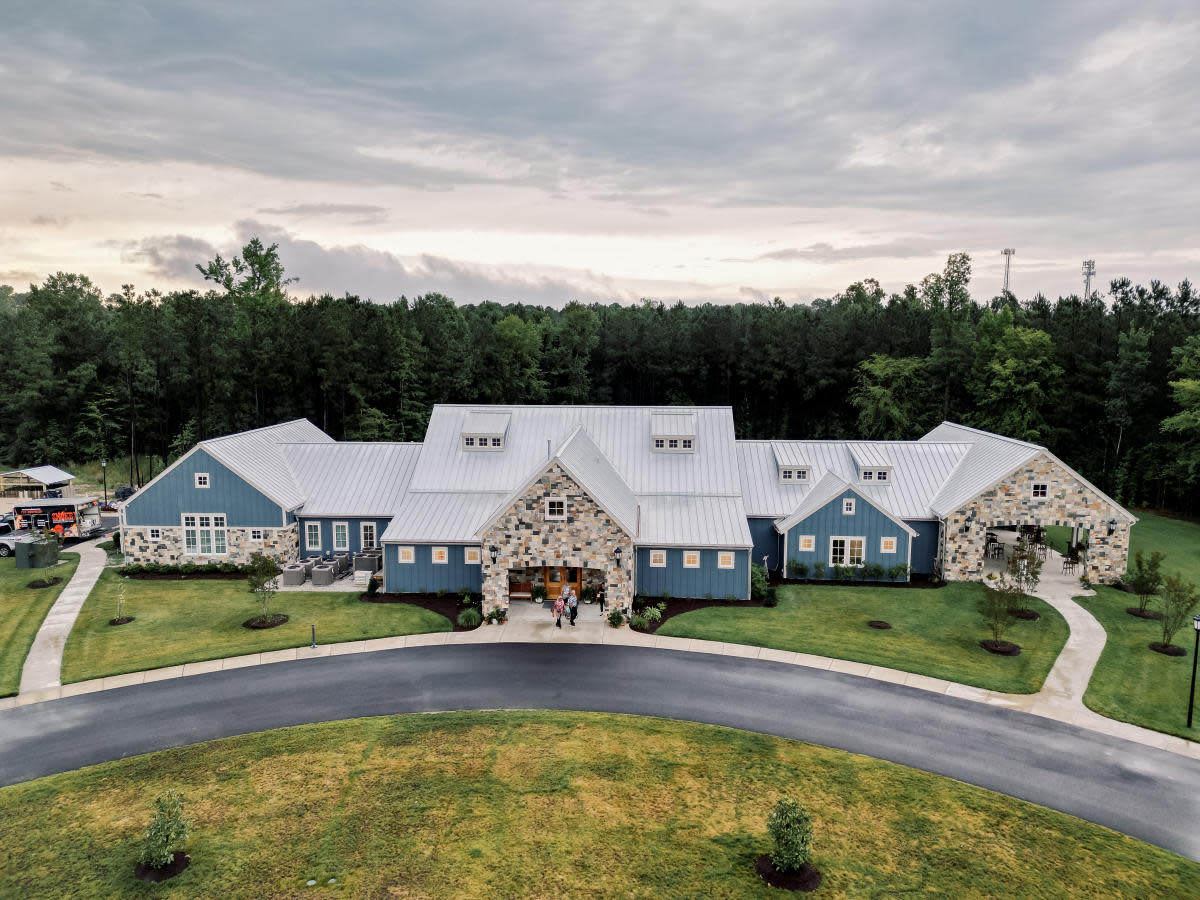 Aerial shot of a blue and stone building