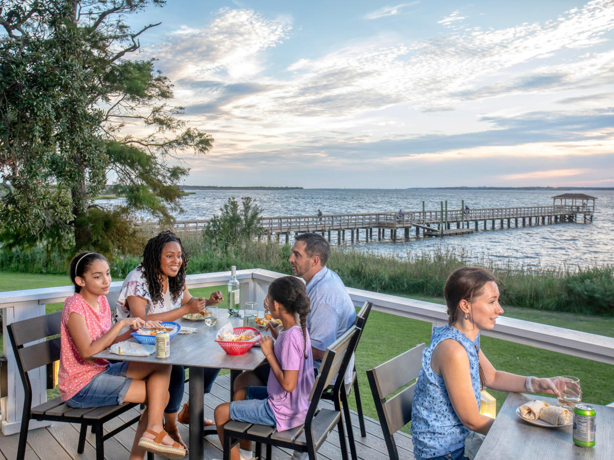 Outdoor dining at Riverview Restaurant in Kure Beach