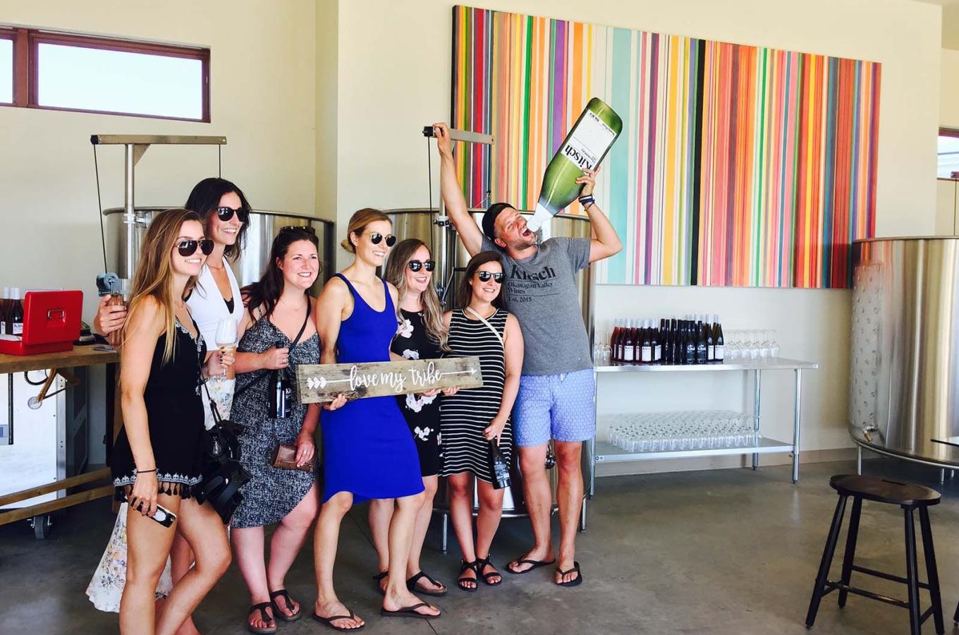 Winemaker Grant Biggs having fun with Kelowna wine tour group