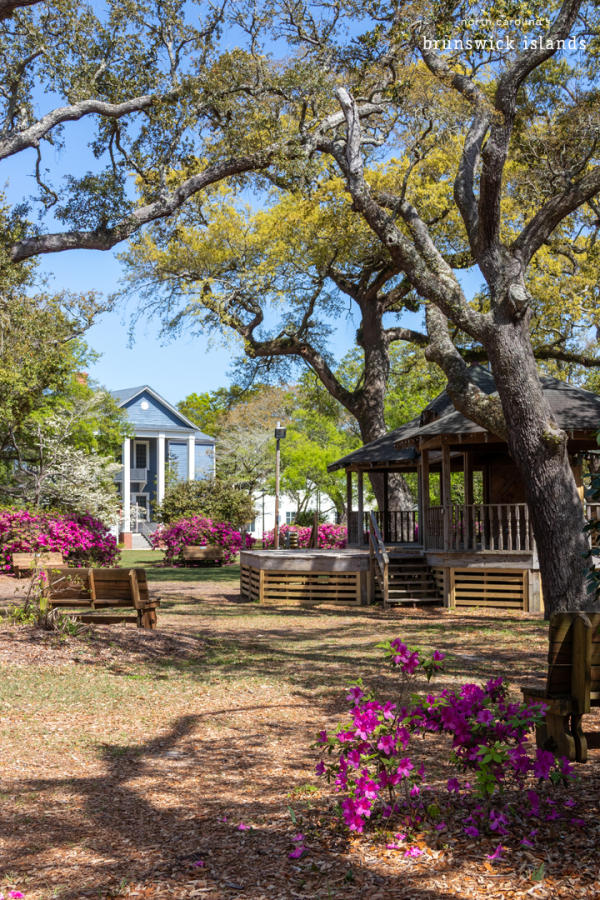 a wooden platform and blue school house in a park with blooming azalea bushes