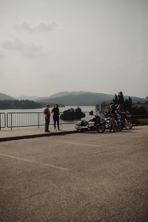 bikers at pactola visitor center overlook in the black hills of south dakota