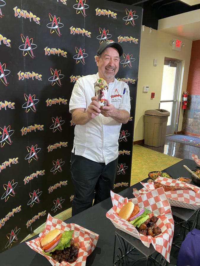 Albuquerque Isotopes Executive Chef Jim Griego holds up a Thundercup