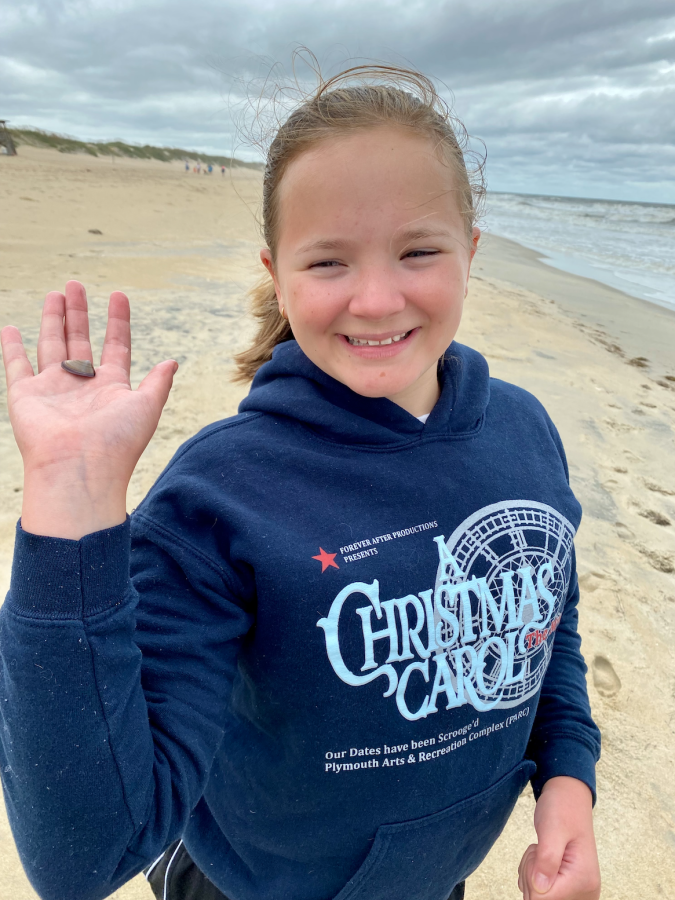 A girl holding a clam at the beach