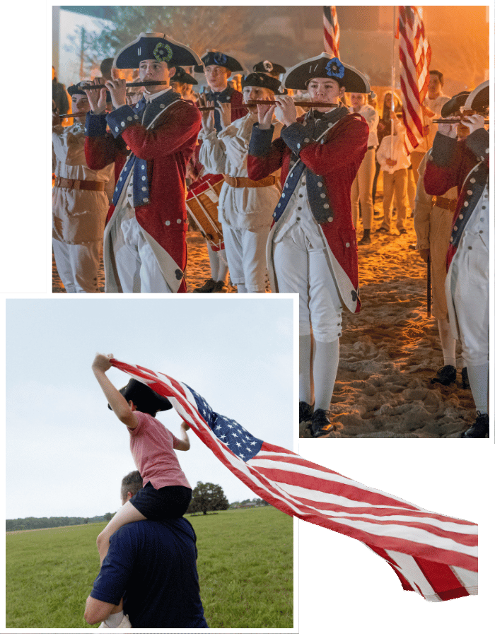 Two images stacked on top of each other. One is a son on his father's shoulder running with an American flag and the other is fife and drum