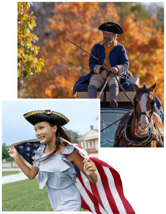Two images stacked on top of each other. One is a girl running with an American flag and the other is carriage ride with leaves changing color in the background.