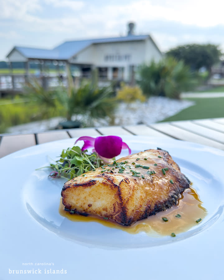 a plate of grilled fish topped with edible greens served at Oyster Rock in Calabash