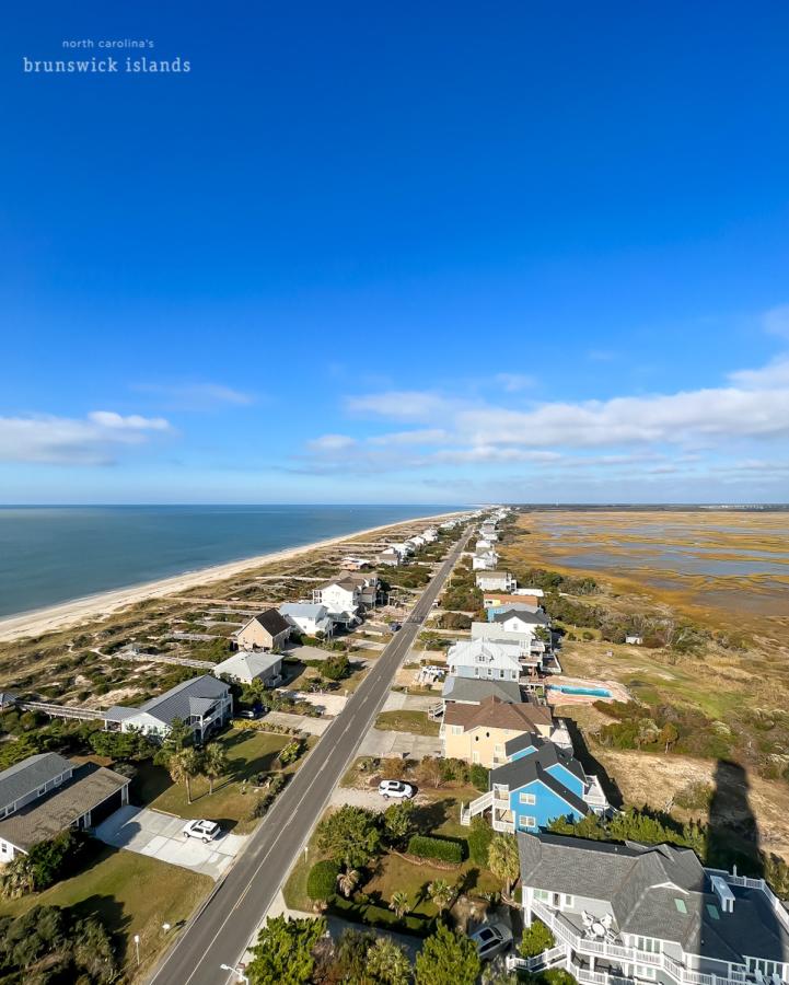a view of Caswell Beach, NC from the top of a lighthouse