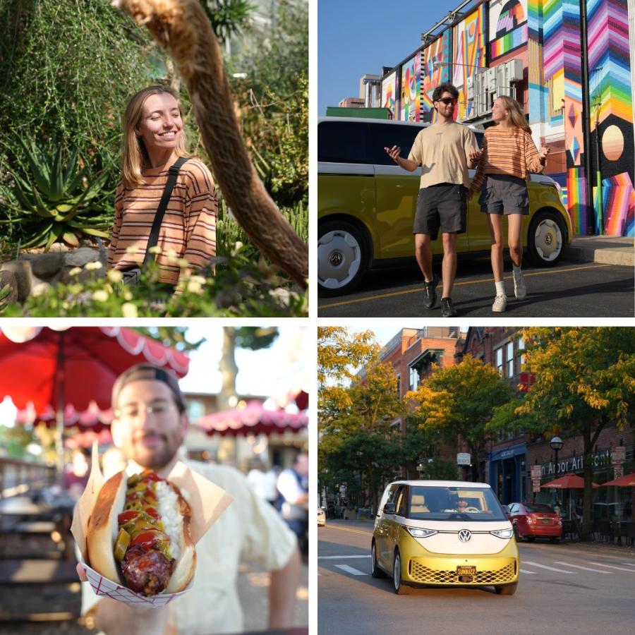 collage of four photos: a man holds a hot dog in front of the camera,  a man and woman walking with a colorful mural in the background, an electric vehicle driving in on a street, and a woman admiring foilage inside a greenhouse.