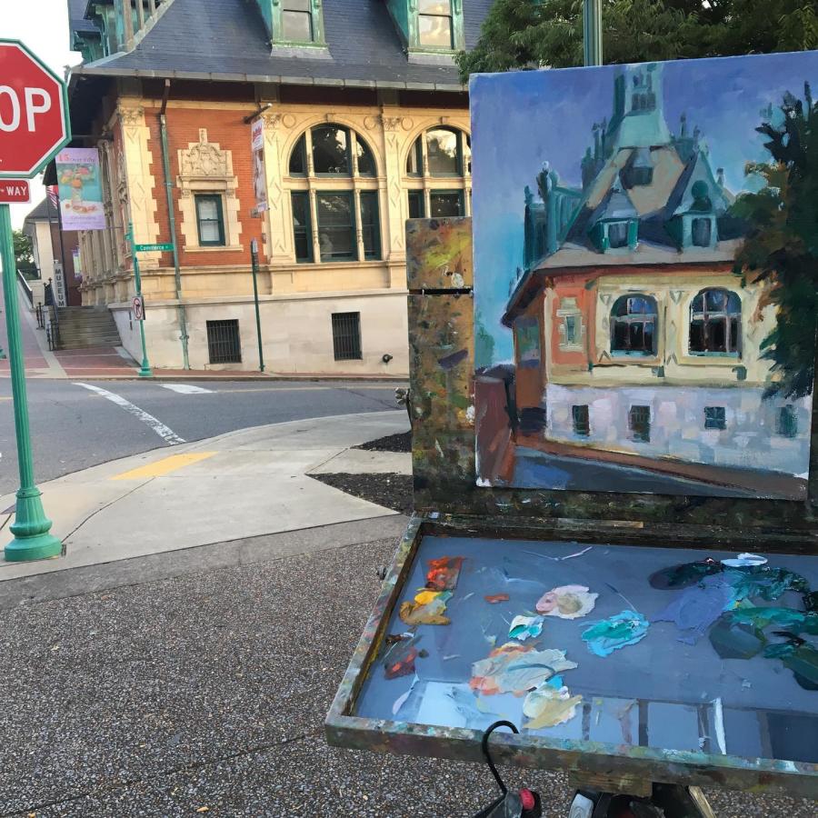 plein air painting of a historic building