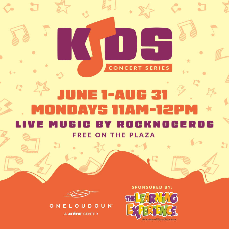 Kids Concert Series flyer: free Rocknoceros concerts every Monday, June 1–Aug 31, 11 a.m.–noon at One Loudoun, Ashburn