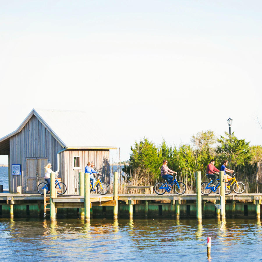 bike, boardwalk, group, water, marina, manteo
