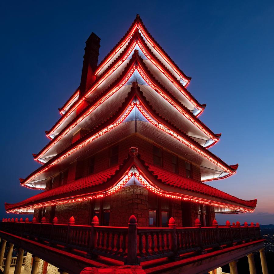 The Pagoda lit up at night with bright red lights