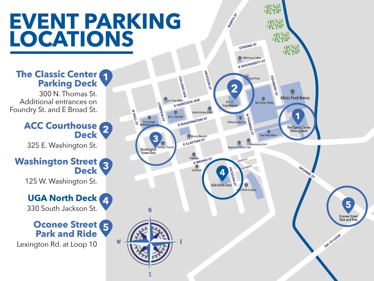 Map of Parking Near The Classic Center in Downtown Athens