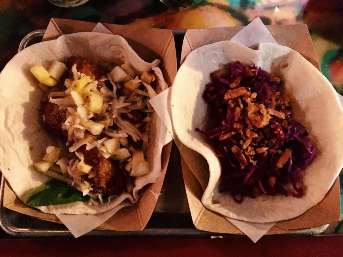 Two street tacos from Vinyl Taco
