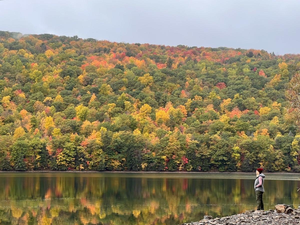 Women looking at the reflection of fall foliage in calm Canadice Lake