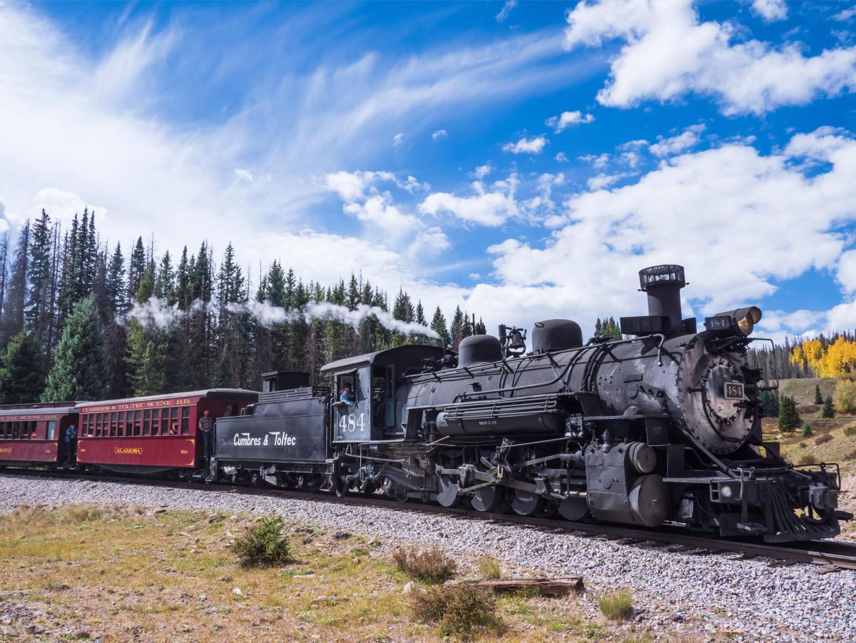 Train heads toward Los Piños, Cumbres & Toltec Scenic Railroad between Chama, New Mexico, and Antonito, Colorado