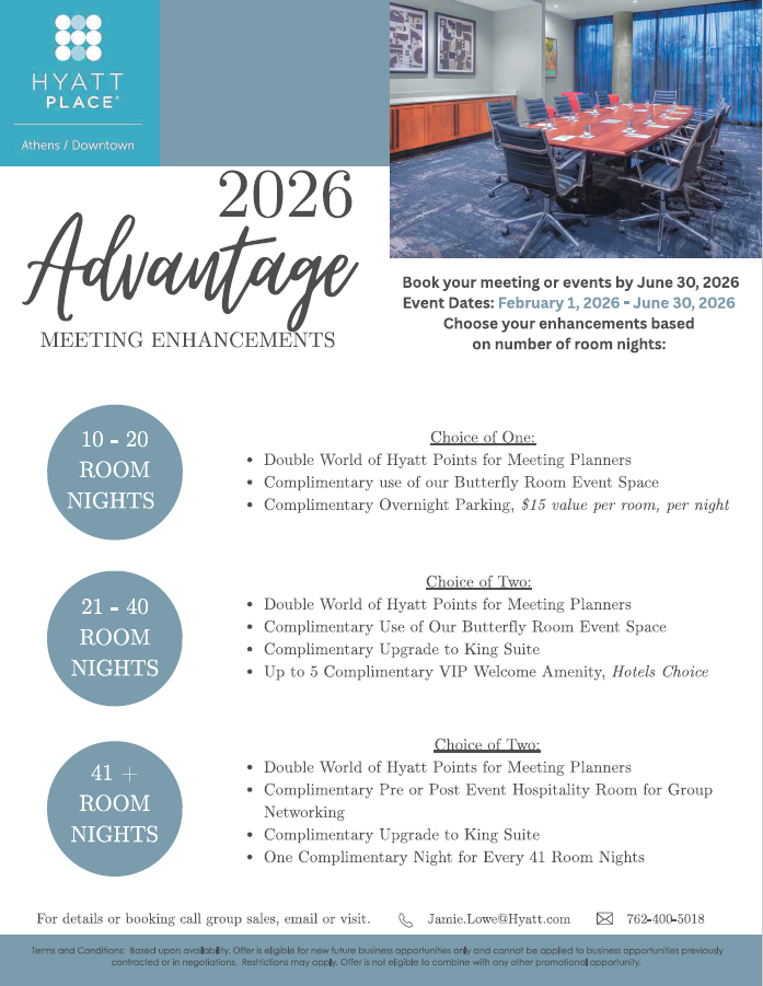 Hyatt Place Athens Downtown 2026 Meeting Enhancements Promotional Flyer