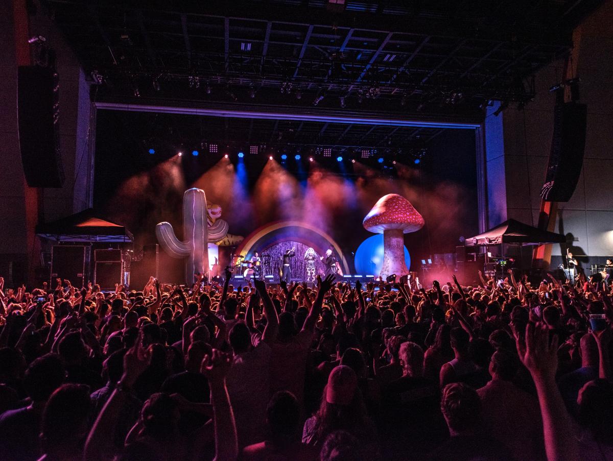 A stage bathed in purple and red light, with a giant mushroom and Kesha with a crowd of fans in the foreground.