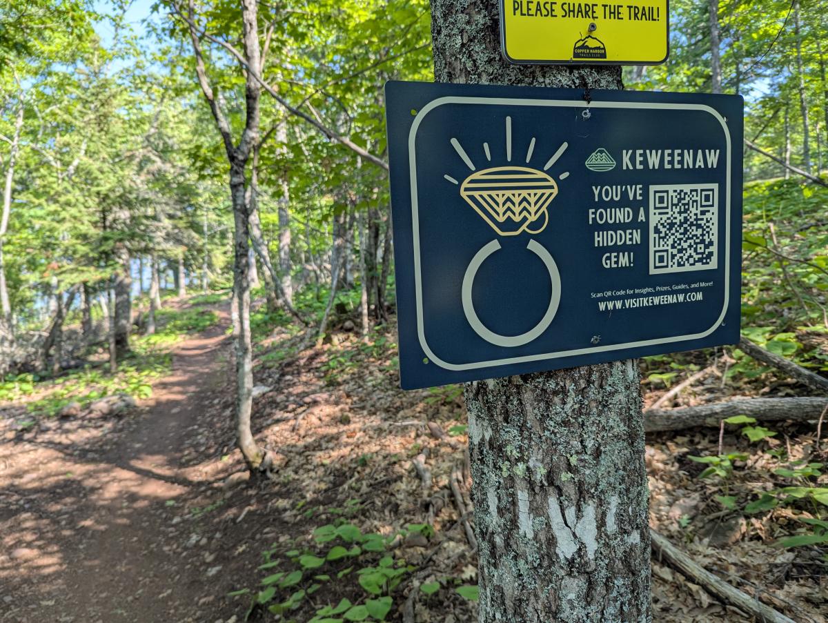 a sign is posted to a tree along a wooded trail
