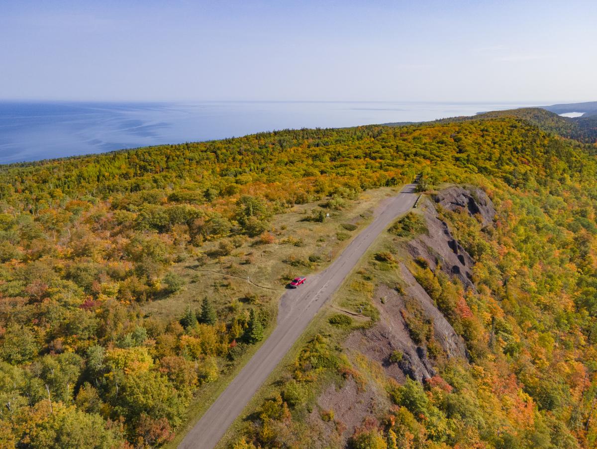 Aerial view of Brockway Mountain Drive during Fall Color