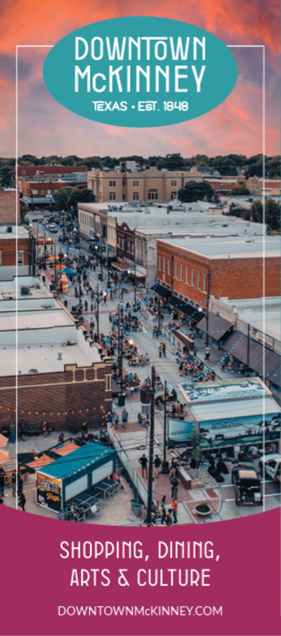 Cover of a brochure showing an image of downtown McKinney, the downtown logo in a blur balloon at the top and purple block at the bottom that says "shopping, dining, arts & culture"