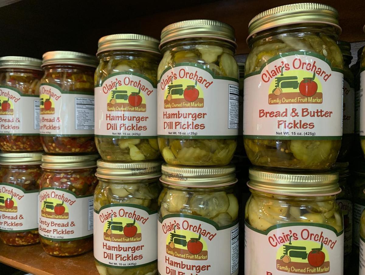 Jars of pickles from Clair's Orchard in Cumberland Valley, PA