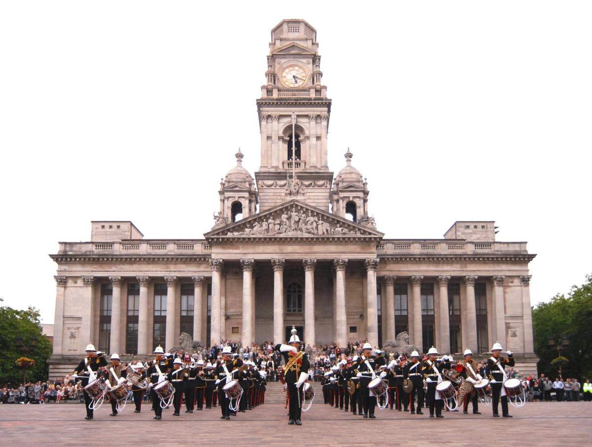 Performers from the Royal Marines School of Music outside Portsmouth Guildhall