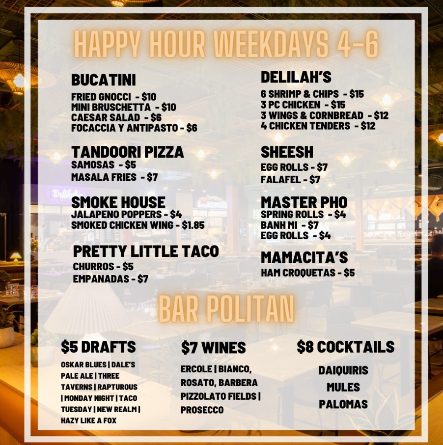 Politan Row Happy Hour Drink and Food