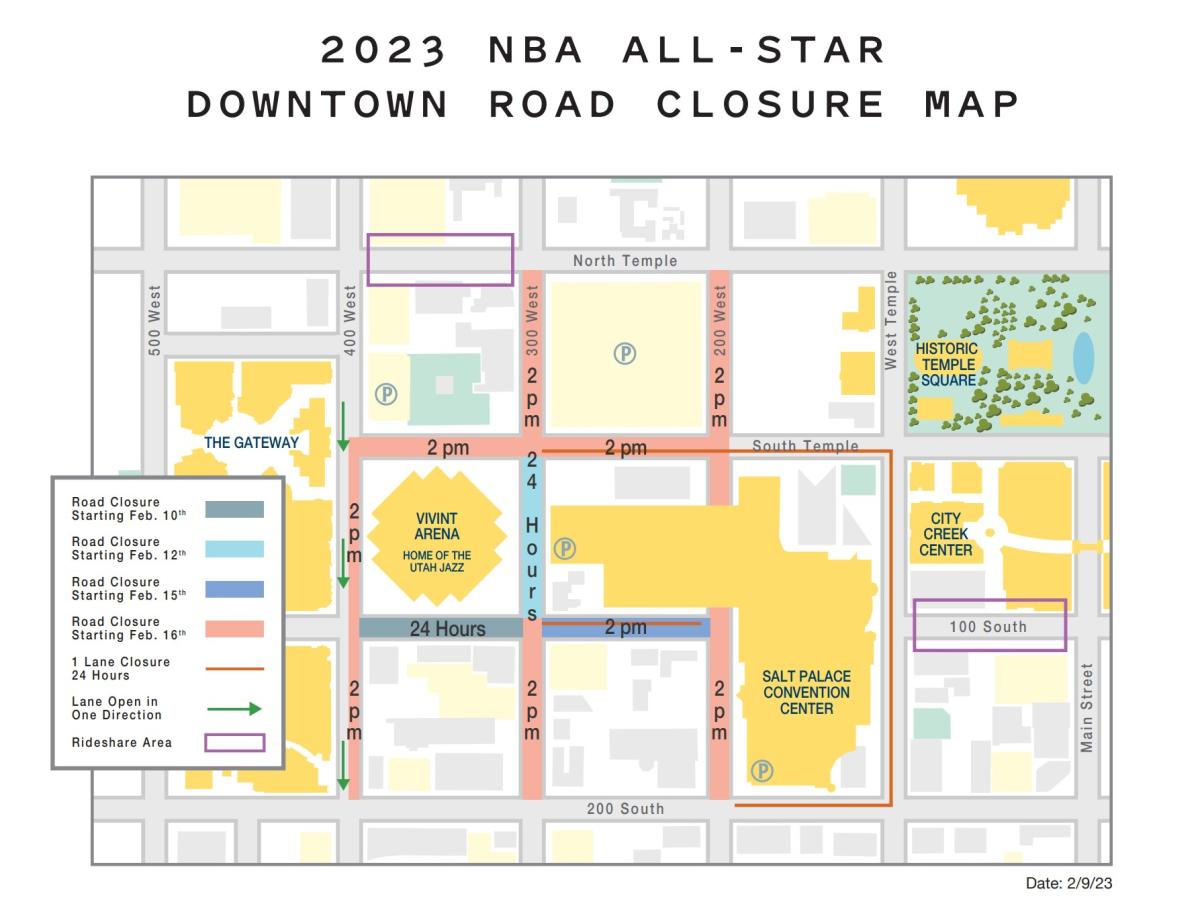 Map of downtown detailing closure of road south of Vivint arena starting Feb 10, East of Vivint arena starting Feb 12, 100 South from 300 to 200 West starting Feb 15, and all streets from North Temple to 200 South and 400 West to 200 West starting Feb 16.