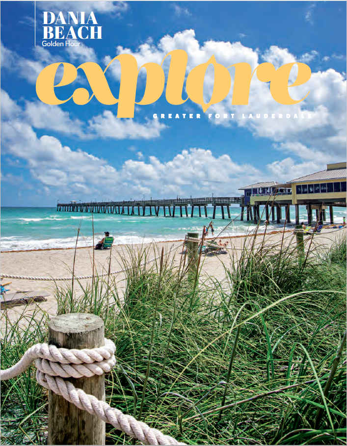 Cover of Explore Dania Beach magazine showing the Dania Beach Pier