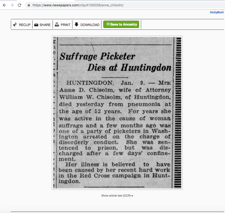 Huntingdon Suffrage Picketer Dies