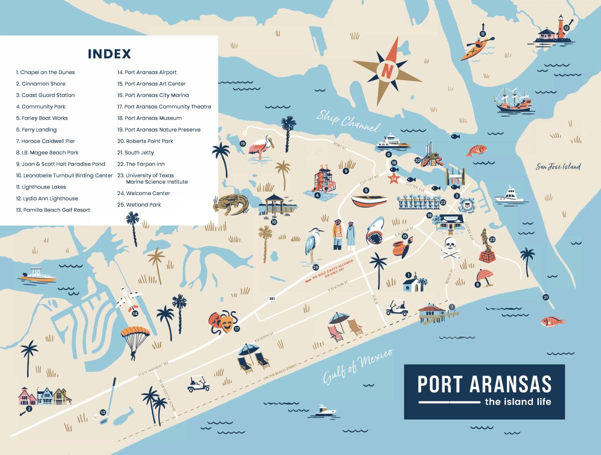 An illustrated map of Port Aransas in light blues and sand colors
