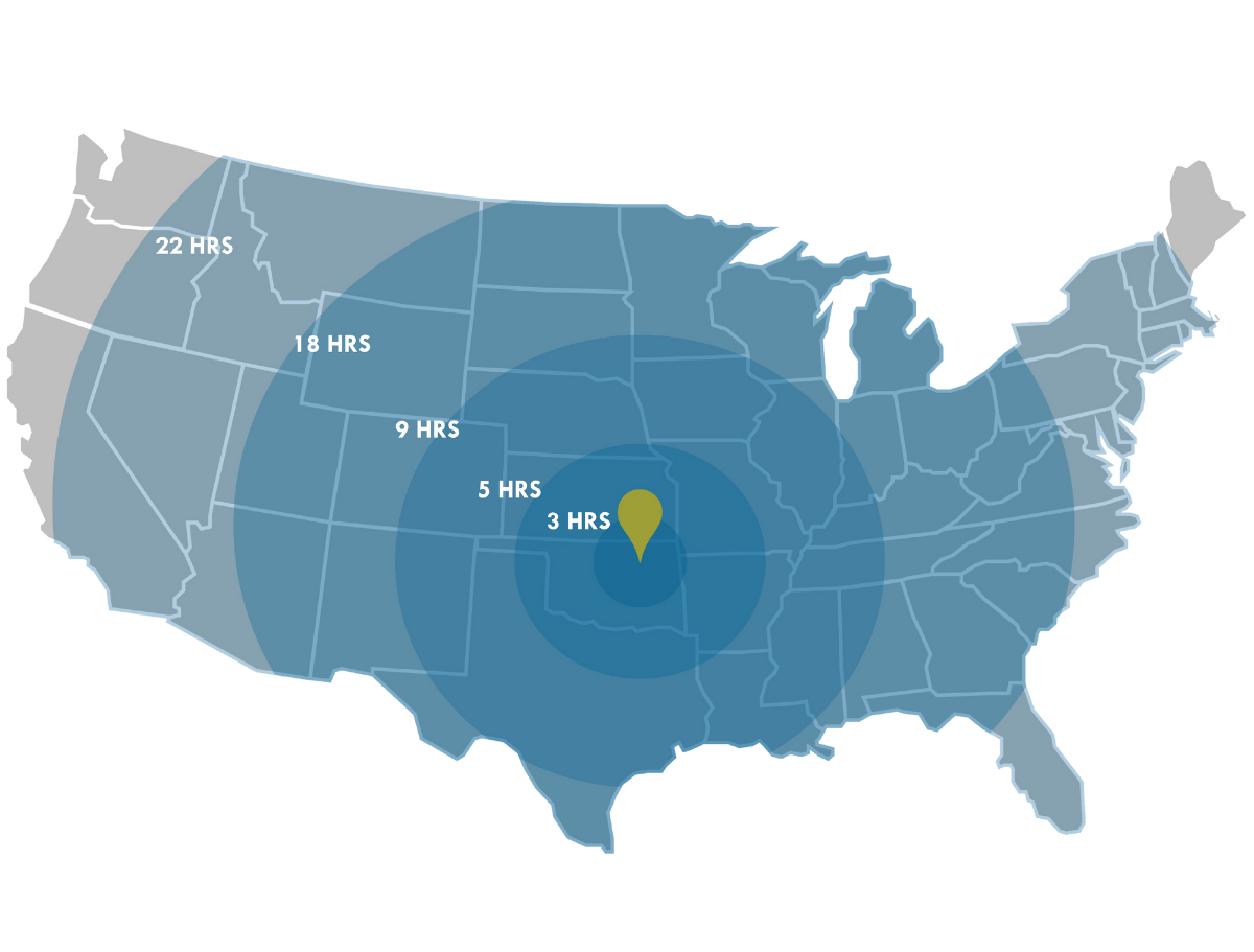 A United States map showing approximate drive times to Tulsa