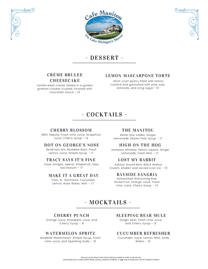 Café Manitou Menu - Dessert & Drinks